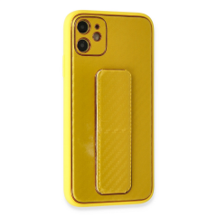 İphone 12 Kılıf Coco Karbon Standlı Kapak - Sarı