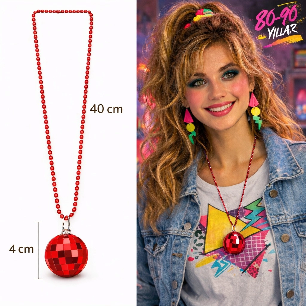 Retro Disko Topu Şekilli 80'ler 90'lar Kırmızı Renk Plastik Kolye