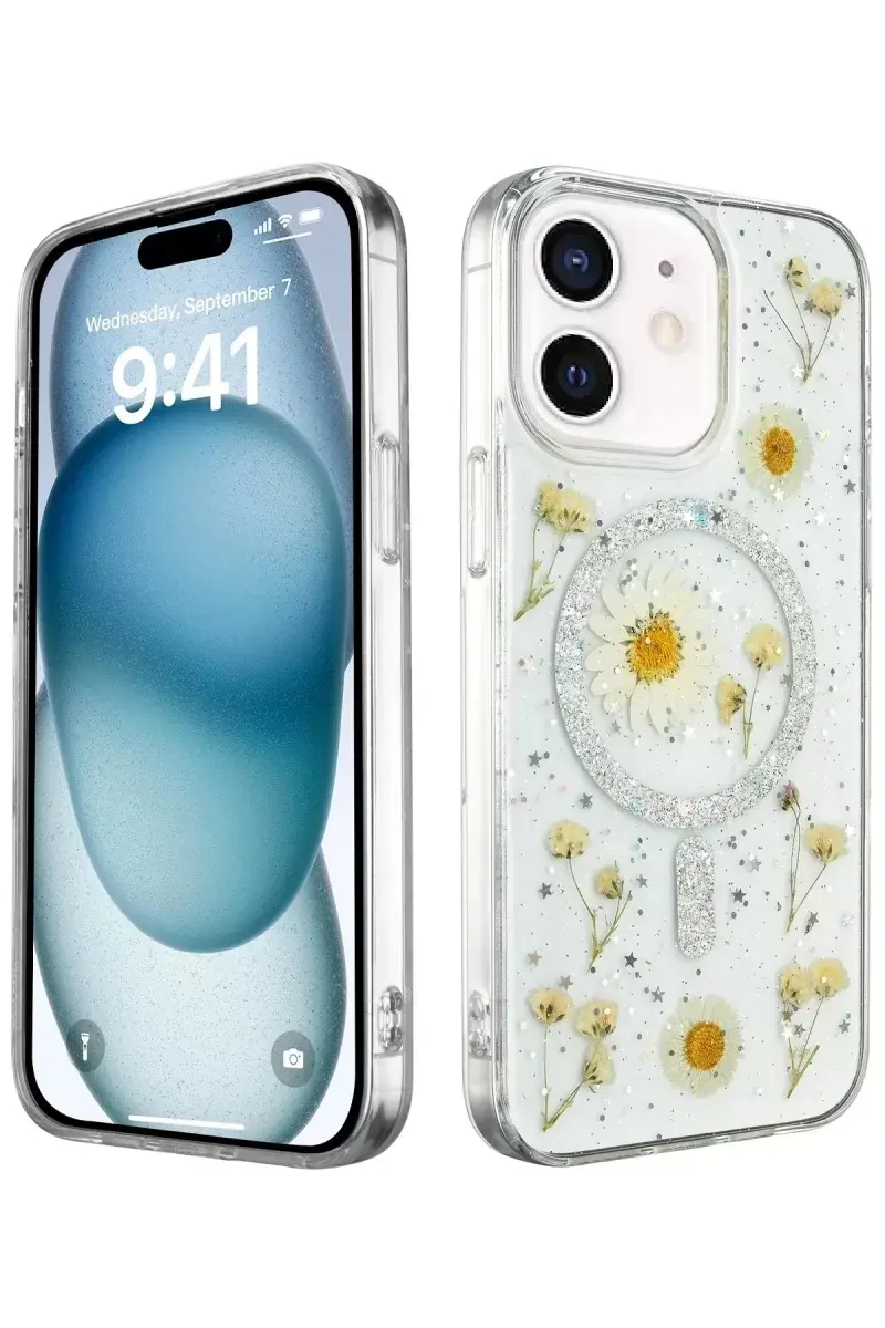 Newface İphone 12 Kılıf Daisy Simli Magsafe Kapak - Gümüş