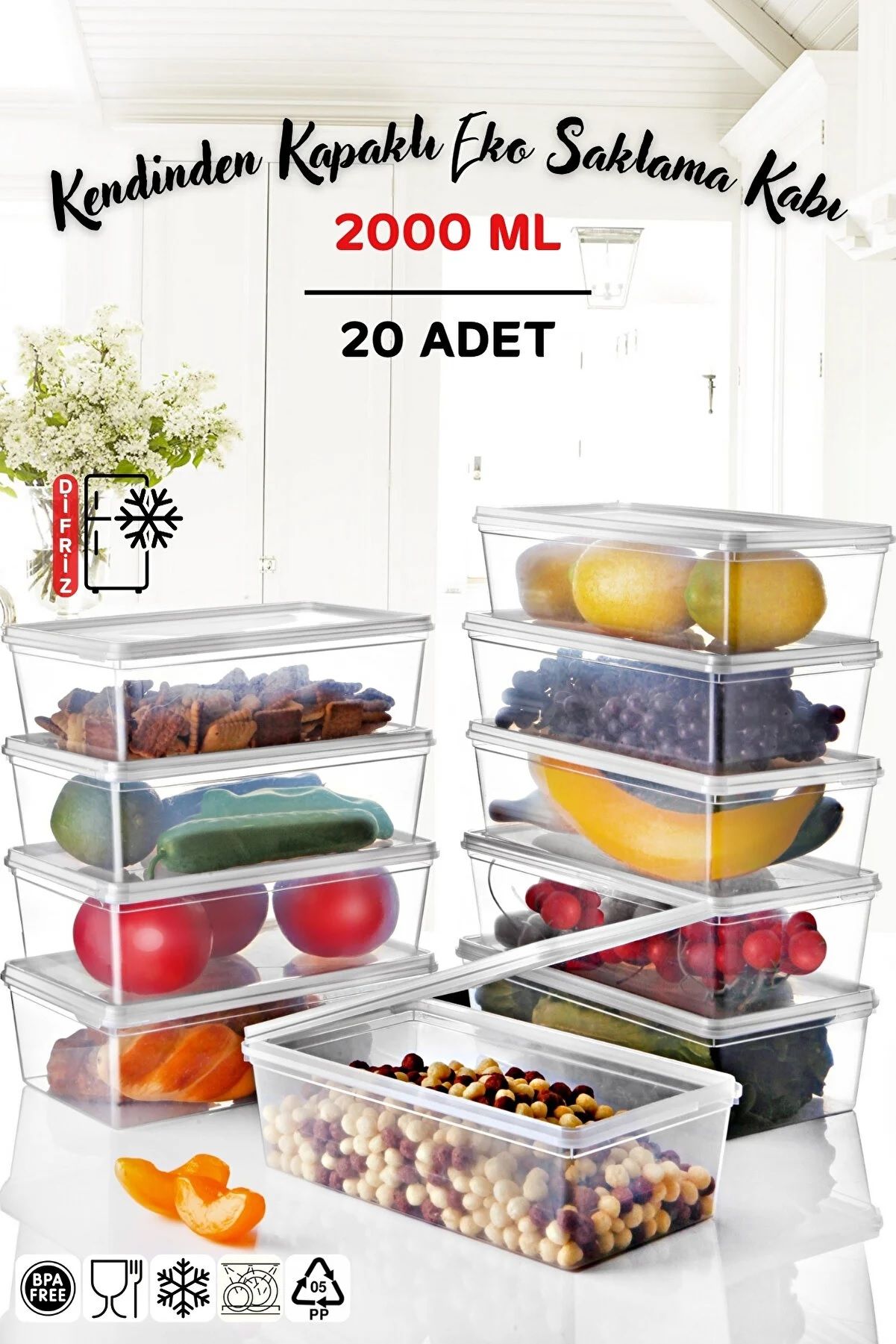 20 Adet Kapaklı Derin Dondurucuya Uygun Saklama Kabı 2 Lt