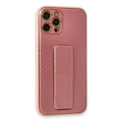 İphone 12 Pro Kılıf Coco Karbon Standlı Kapak - Pembe
