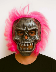Wild Skull - Gümüş Kafatası Pembe Saçlı İskelet Maske