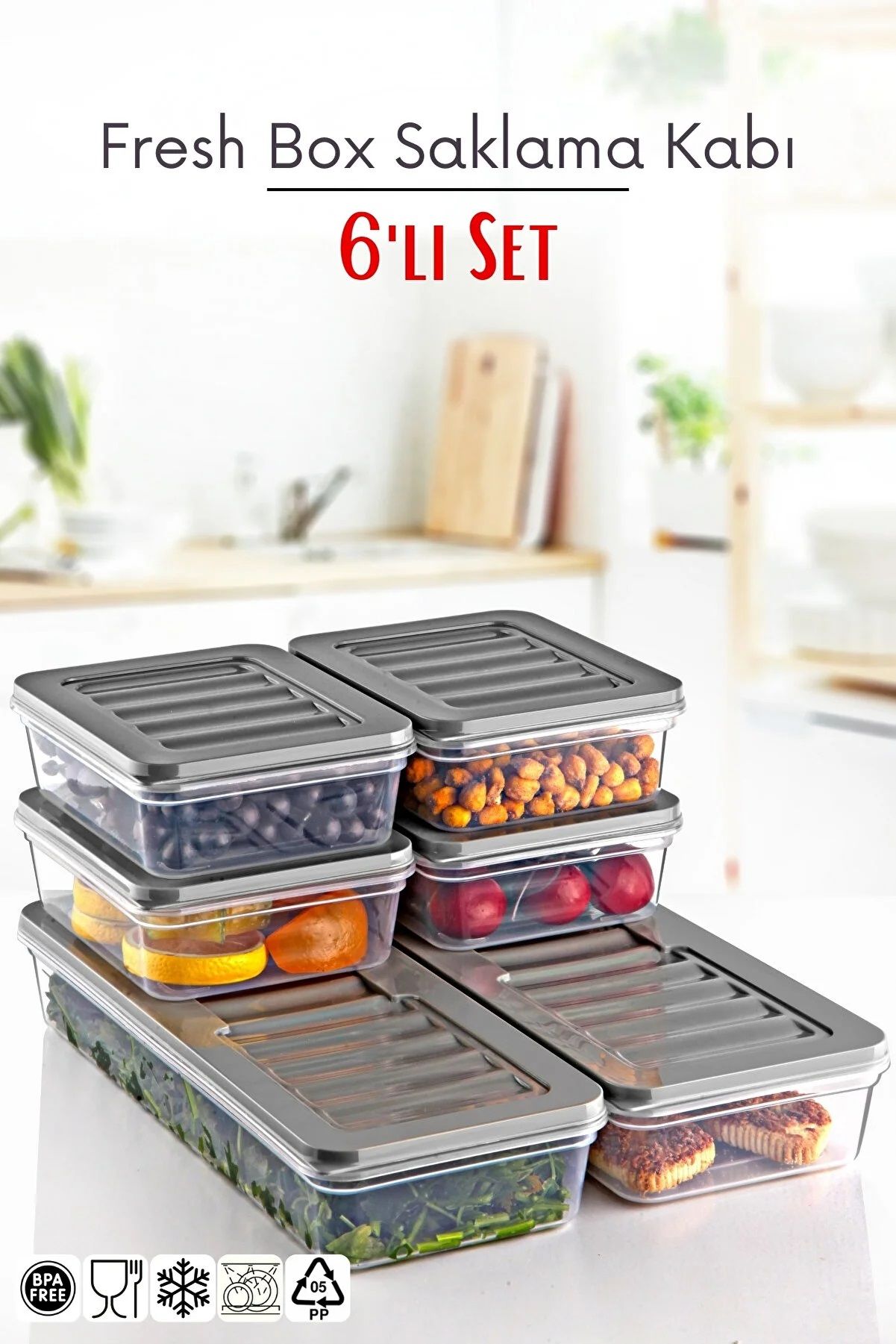 6'li Set Freshbox Mikrodalga Ve Dipfrize Uygun Saklama Kabı Gri