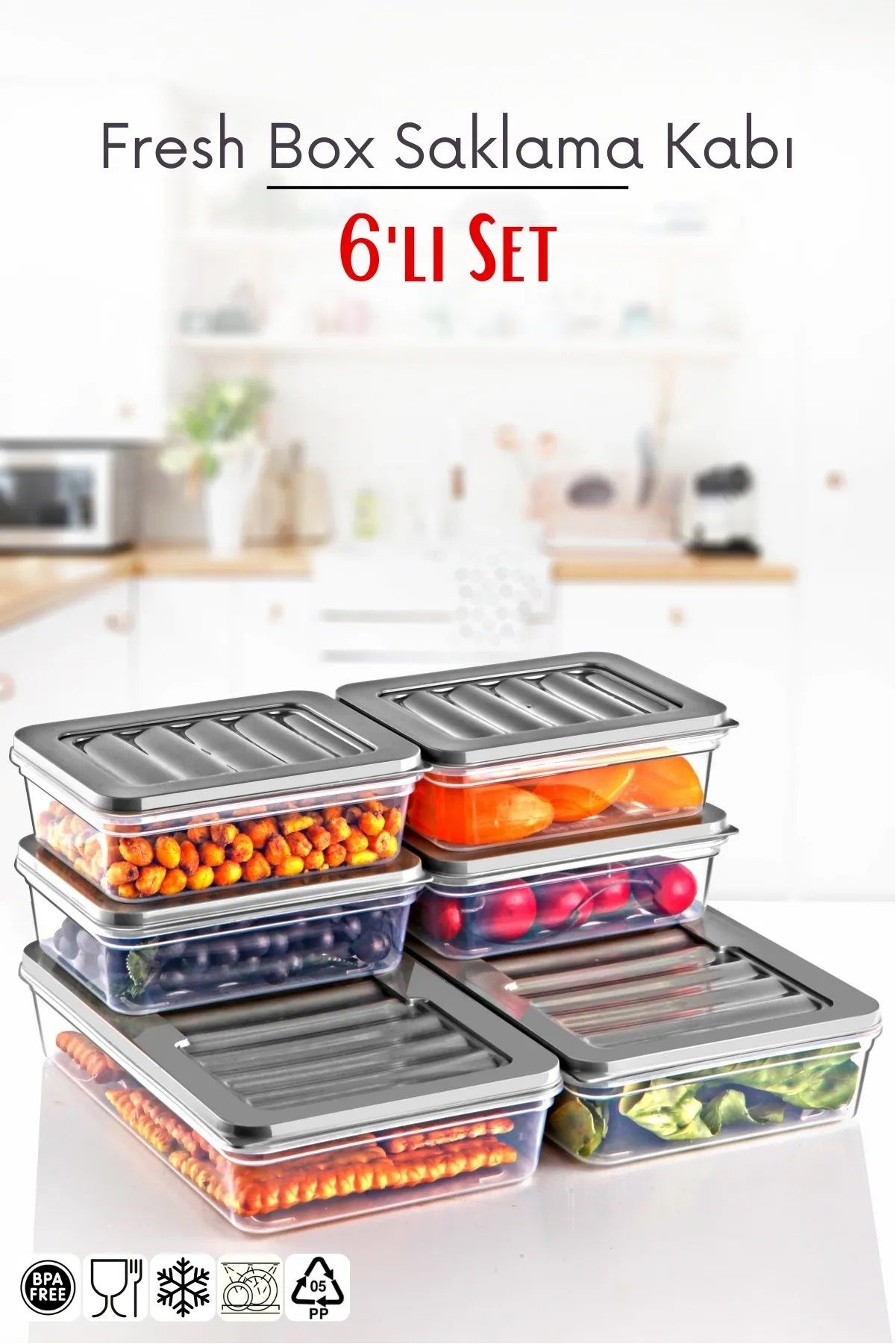6'lı Set Freshbox Mikrodalga Ve Dipfrize Uygun Saklama Kabı Set 2 - X2 1,2 Lt / X4 0,6 Lt Gri