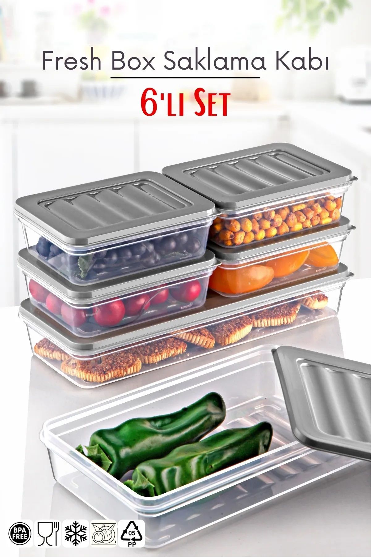 6'lı Set Freshbox Mikrodalga Ve Dipfrize Uygun Saklama Kabı Set 4 Gri