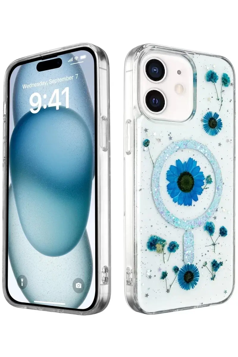 Newface İphone 12 Kılıf Daisy Simli Magsafe Kapak - Mavi