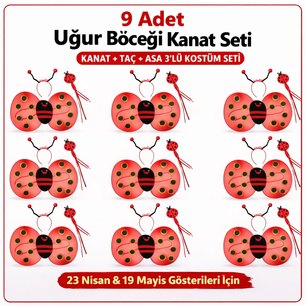 9’lu Uğur Böceği Ateş Böceği Kostüm Seti – Kanat Taç Asa
