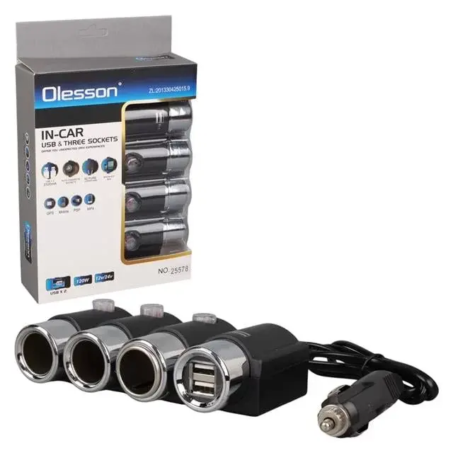Olesson 1508 12-24v 3lü Çift Usbli 120w 80 Cm Kablolu Araç Çakmak Çoklayıcı