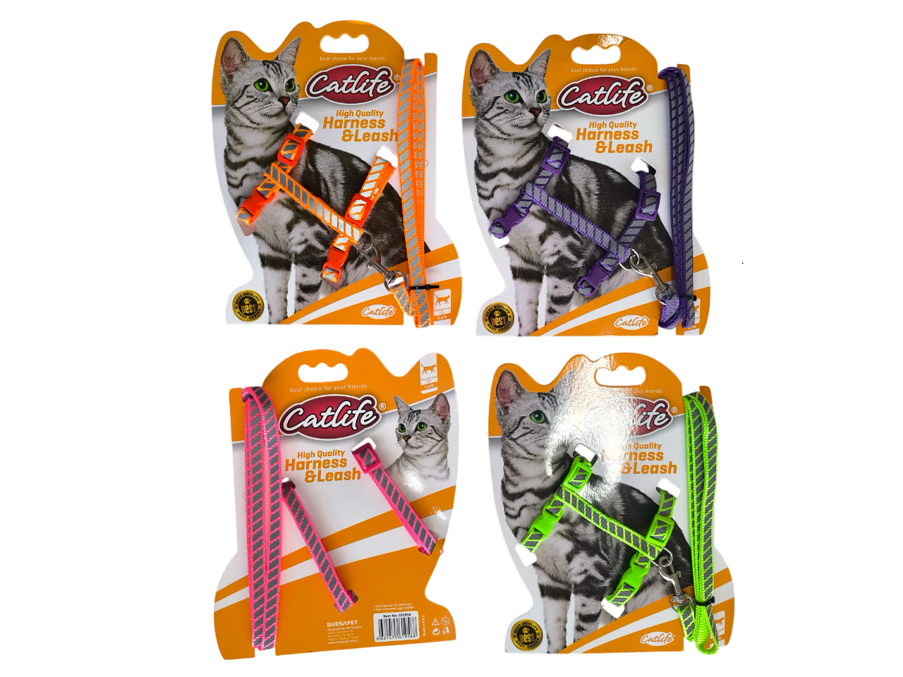 Catlife Fosforlu Şeritli Kedi Göğüs Bel Tasması + Gezdirme İpi