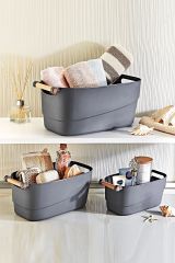 3'lü Set Ahşap Kulplu Çok Amaçlı Banyo, Mutfak, Çekmece içi Düzenleyici Retro Sepet Antrasit