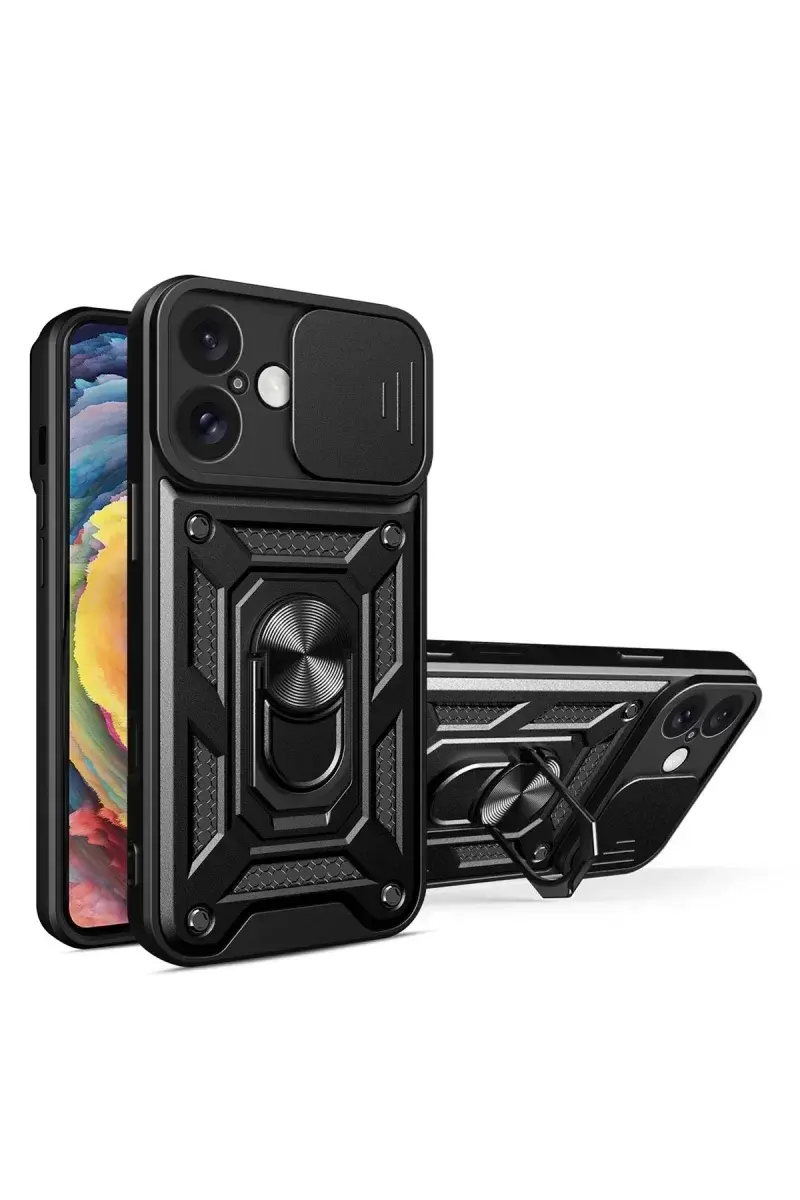 Newface İphone 16 Kılıf Pars Lens Yüzüklü Silikon - Siyah