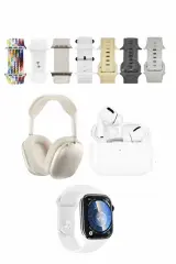 Karler Bass K32 Kombo 7 Adet Kordon Akıllı Saat Airpods Kulaklık Kafa Üstü Kablosuz Kulaklık Set - Beyaz