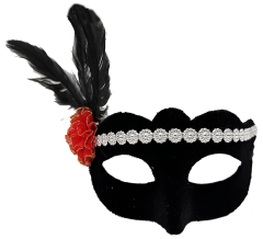 Siyah Renk Süet Kaplama Gümüş Dantelli Kırmızı Gül Tasarımlı Parti Maskesi 18x20 Cm