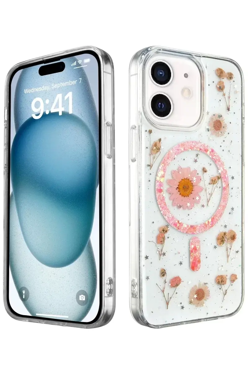 Newface İphone 12 Kılıf Daisy Simli Magsafe Kapak - Pembe