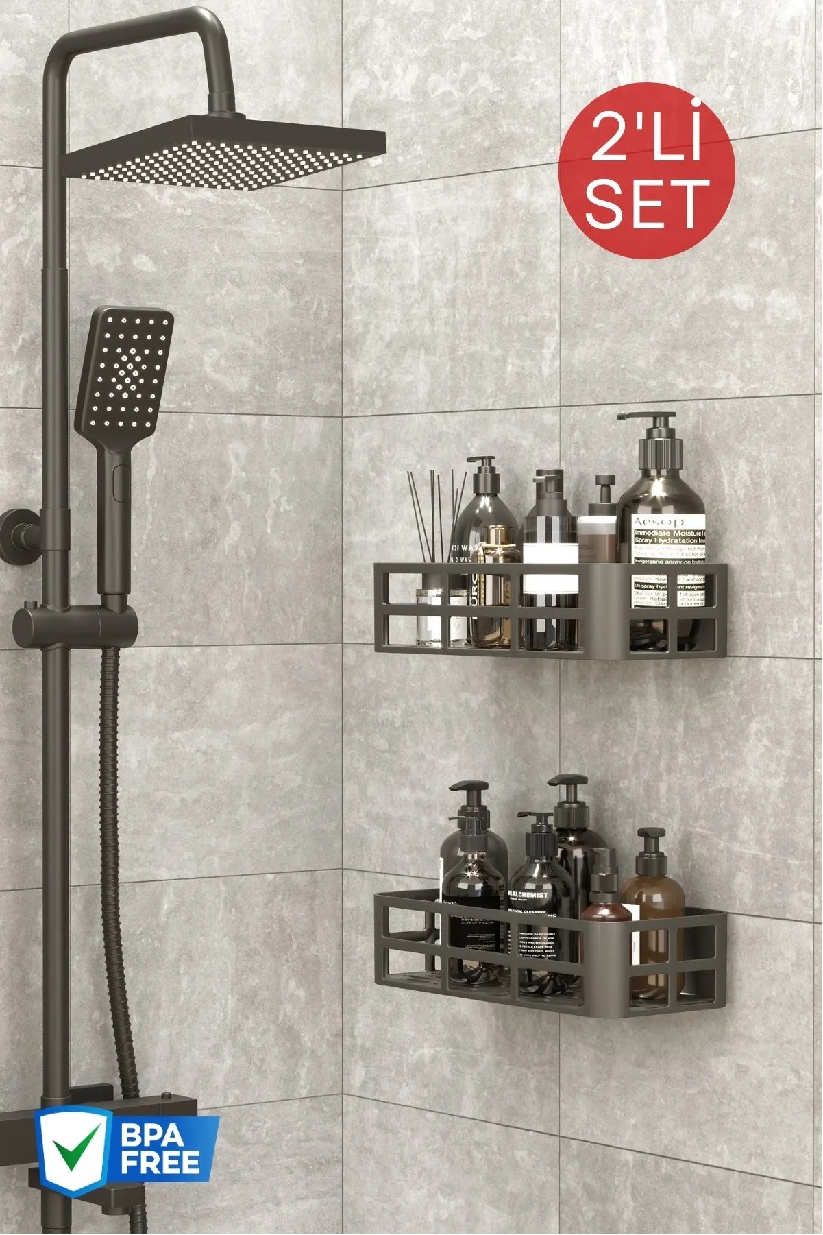 Banyo Rafı Şampuanlık Sabunluk - 2 Adet (Antrasit)