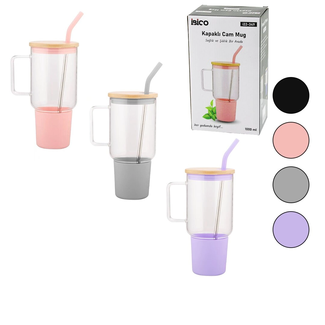 Cam 1lt Matara Suluk Bambu Kapak Sızdırmaz Silikonlu Çelik Pipet Koruyucu Silikon Altlık Ve Kılıf