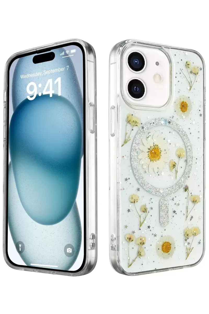 Newface Apple İphone 12 Kılıf Daisy Simli Magsafe Kapak - Gümüş