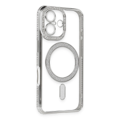 İphone 16 Kılıf Joke Simli Magneticsafe Kılıf - Gümüş