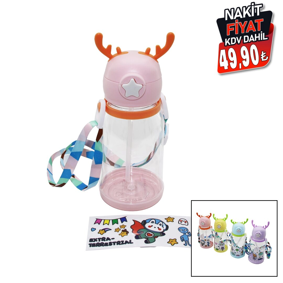 Geyik Modeli Pipetli Çocuk Matara Suluk Askı İpli Sticker Hediyeli
