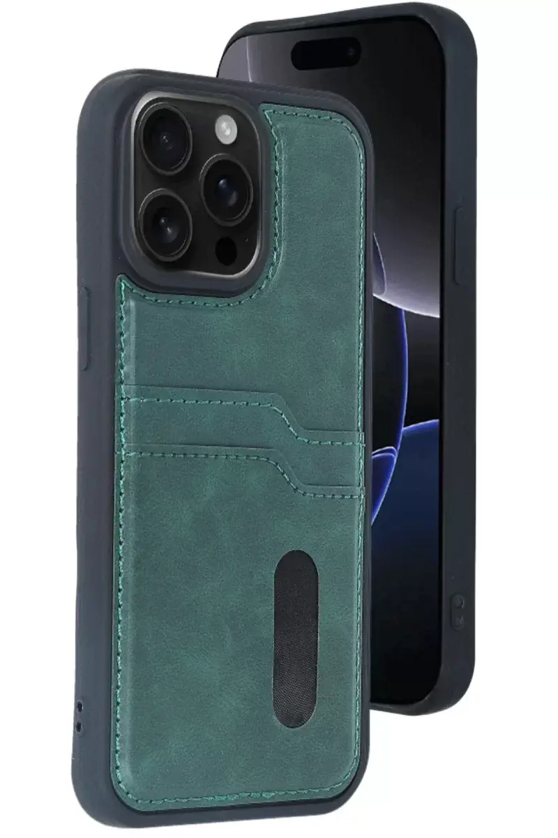 Newface İphone 14 Pro Max Kılıf Sara Kartvizitli Deri Kılıf - Koyu Yeşil