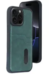 Newface İphone 14 Pro Max Kılıf Sara Kartvizitli Deri Kılıf - Koyu Yeşil