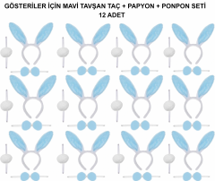 Mavi Tavşan Kostüm Seti – Taç, Papyon, Ponpon (12’li Paket)