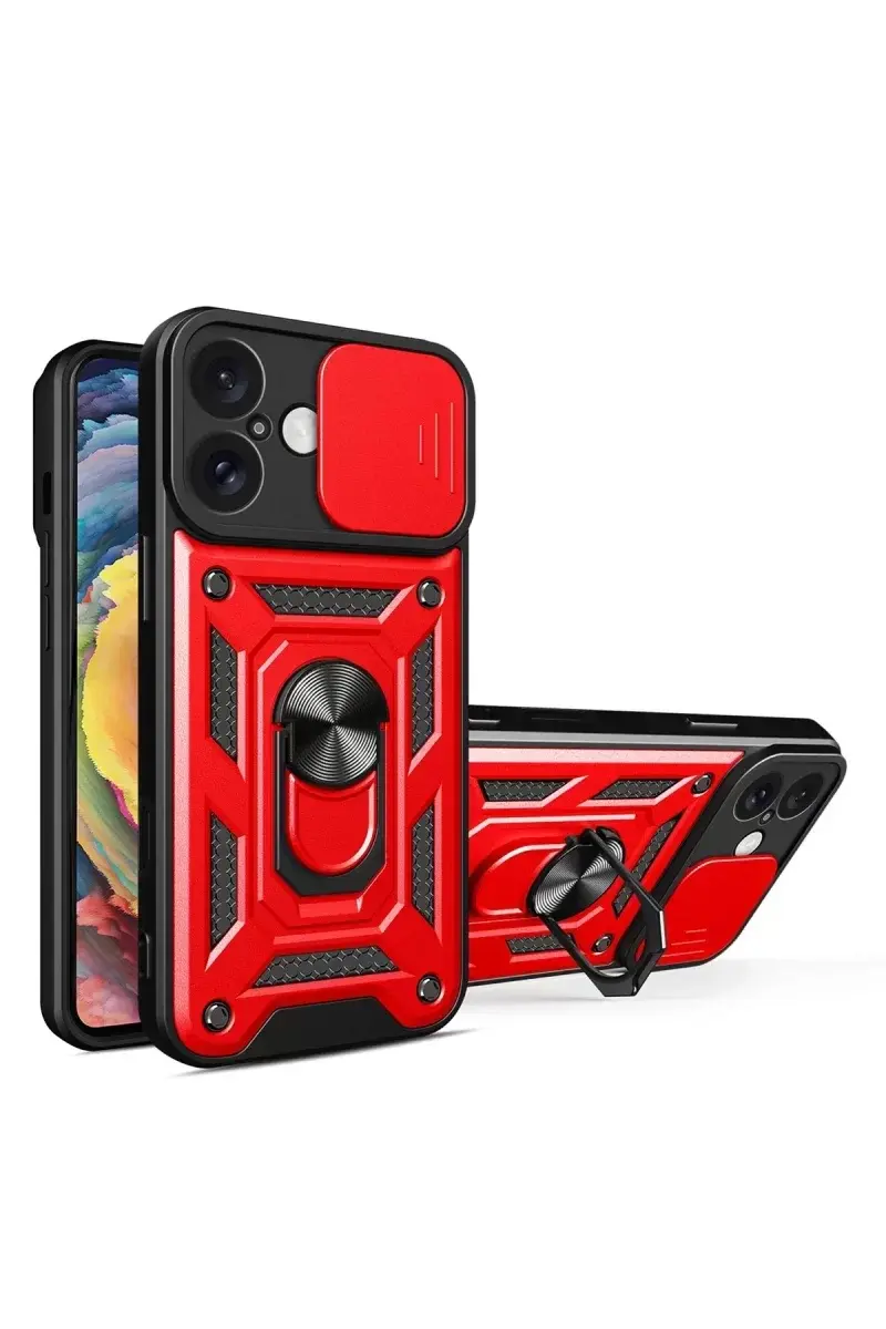 Newface İphone 16 Kılıf Pars Lens Yüzüklü Silikon - Kırmızı
