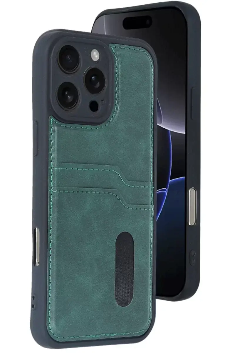 Newface İphone 16 Pro Kılıf Sara Kartvizitli Deri Kılıf - Koyu Yeşil