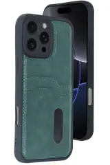 Newface İphone 16 Pro Kılıf Sara Kartvizitli Deri Kılıf - Koyu Yeşil