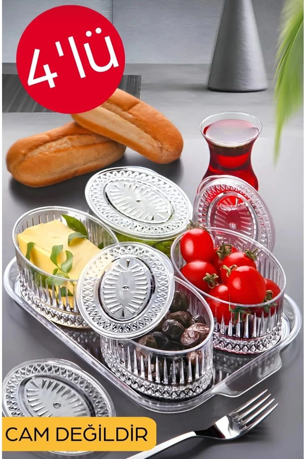 4'lü Kristal Oval Kapaklı Kahvaltılık Set (Cam Değildir)