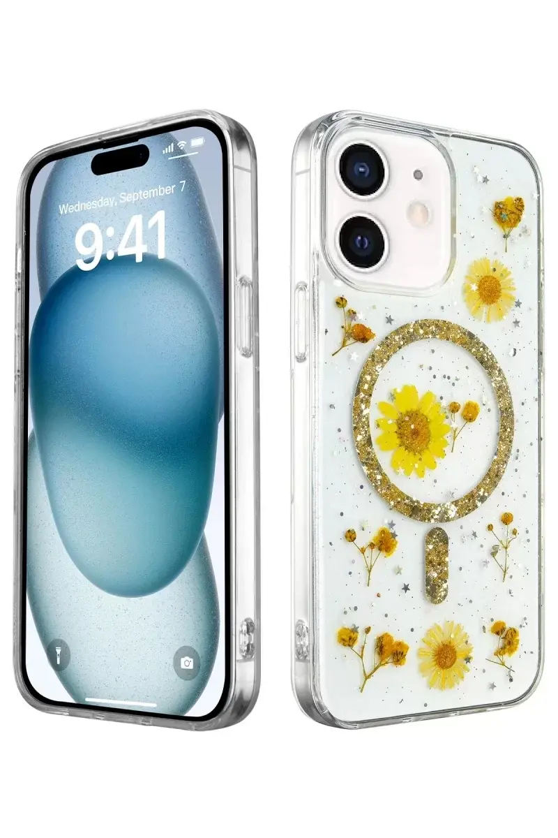 Newface İphone 12 Kılıf Daisy Simli Magsafe Kapak - Gold
