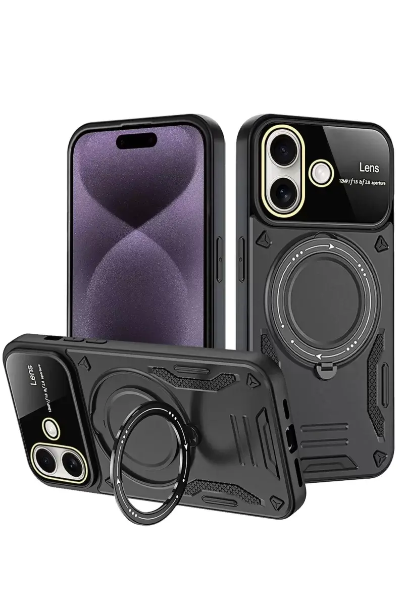 Newface İphone 16 Kılıf Joy Lens Standlı Kapak - Siyah