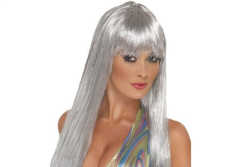 Platin Gri Gümüş Renk Uzun Parti Peruğu Uzun Takma Peruk