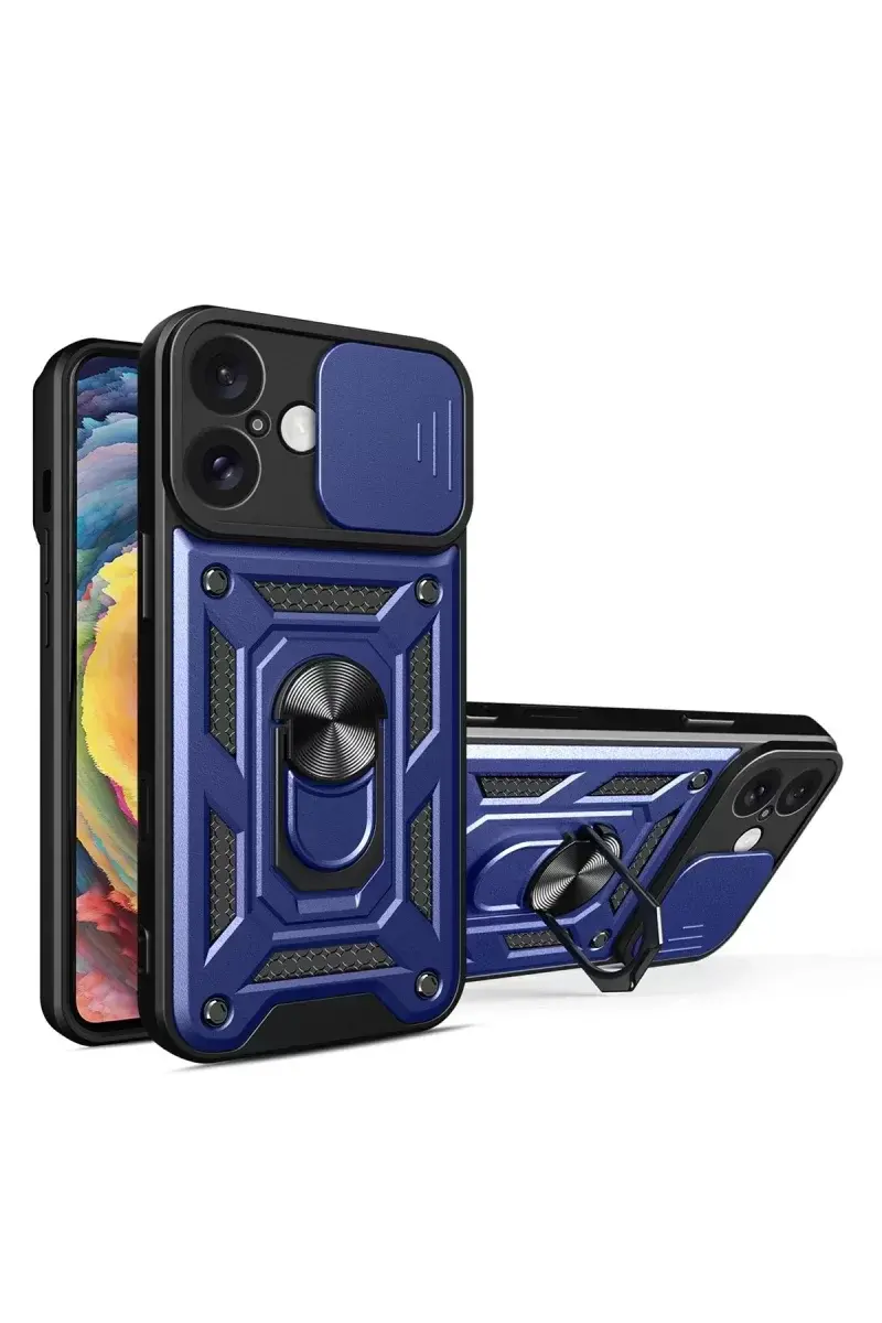 Newface İphone 16 Kılıf Pars Lens Yüzüklü Silikon - Lacivert