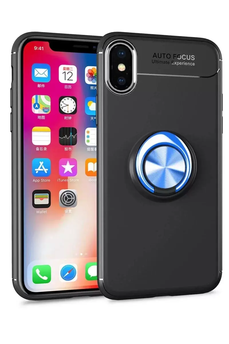 Newface İphone Xs Max Kılıf Range Yüzüklü Silikon - Siyah-mavi