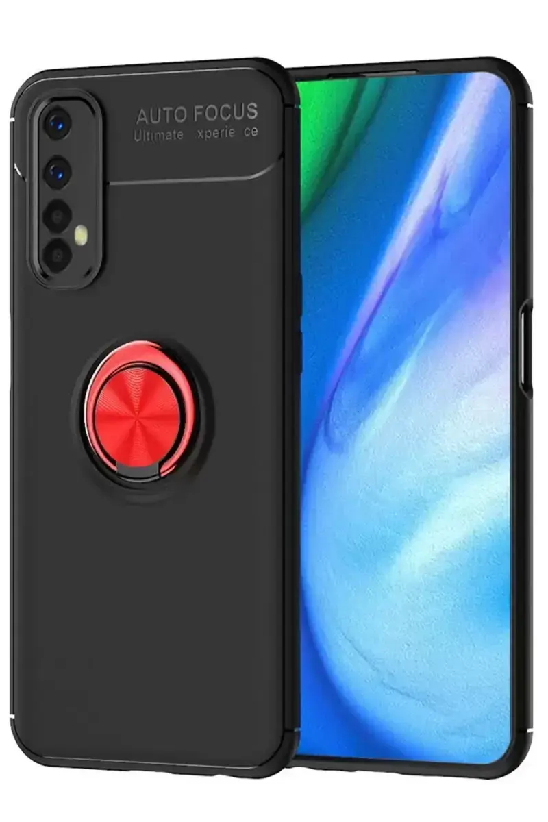 Newface Realme 7 Kılıf Range Yüzüklü Silikon - Siyah-kırmızı