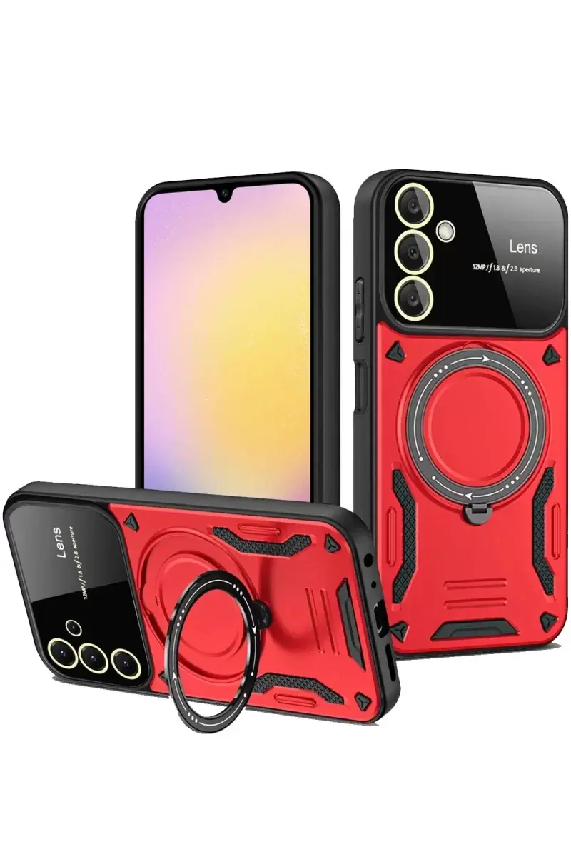 Newface Samsung Galaxy S25 Kılıf Joy Lens Standlı Kapak - Kırmızı
