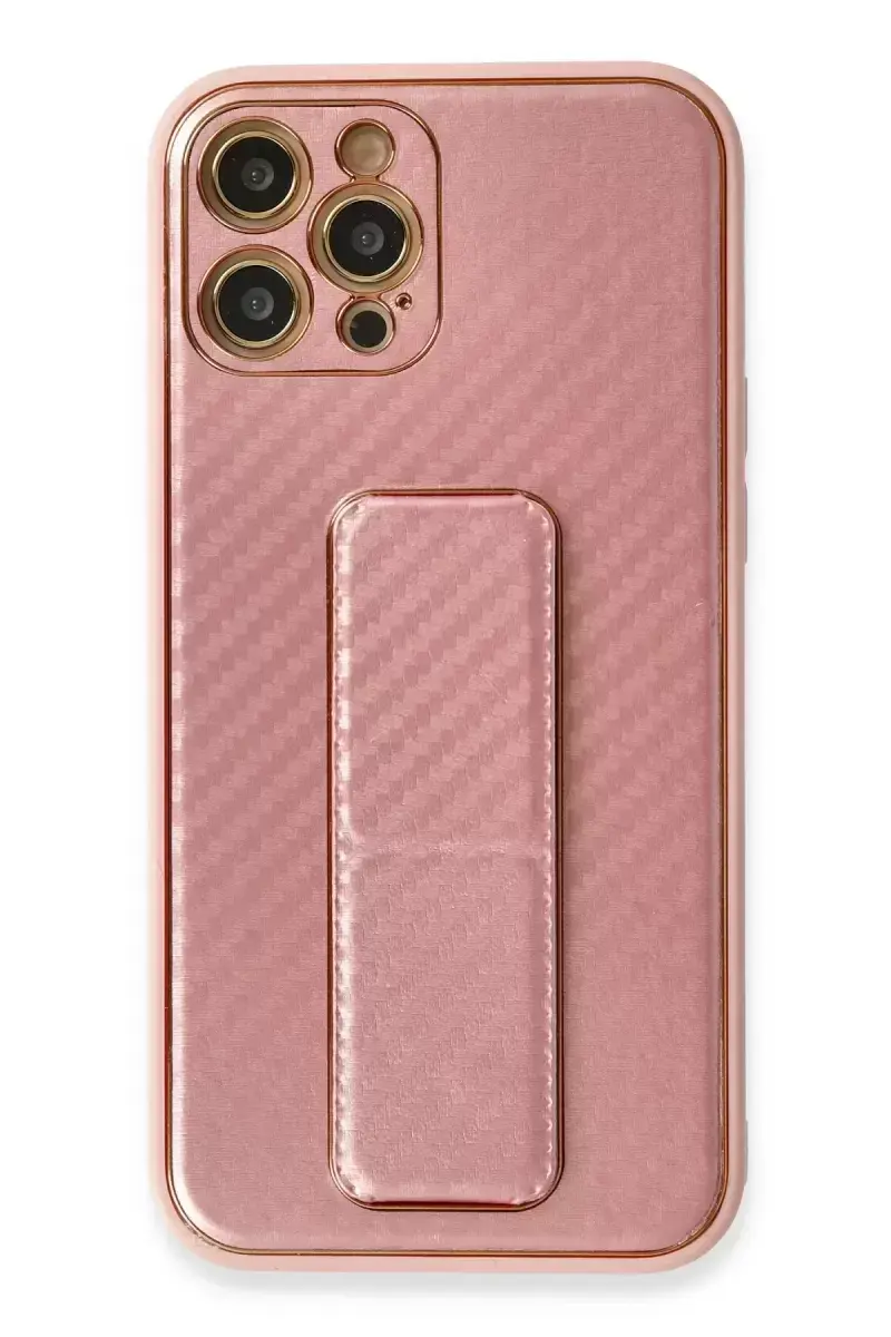 Newface Apple İphone 12 Pro Kılıf Coco Karbon Standlı Kapak - Pembe