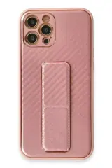 Newface Apple İphone 12 Pro Kılıf Coco Karbon Standlı Kapak - Pembe