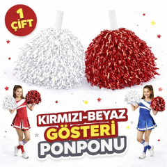 1 Çift ( 2 Adet ) Kırmızı-beyaz Renk 23 Nisan 19 Mayıs 29 Ekim Okul Gösteri Ponponları Ekstra Dolgun
