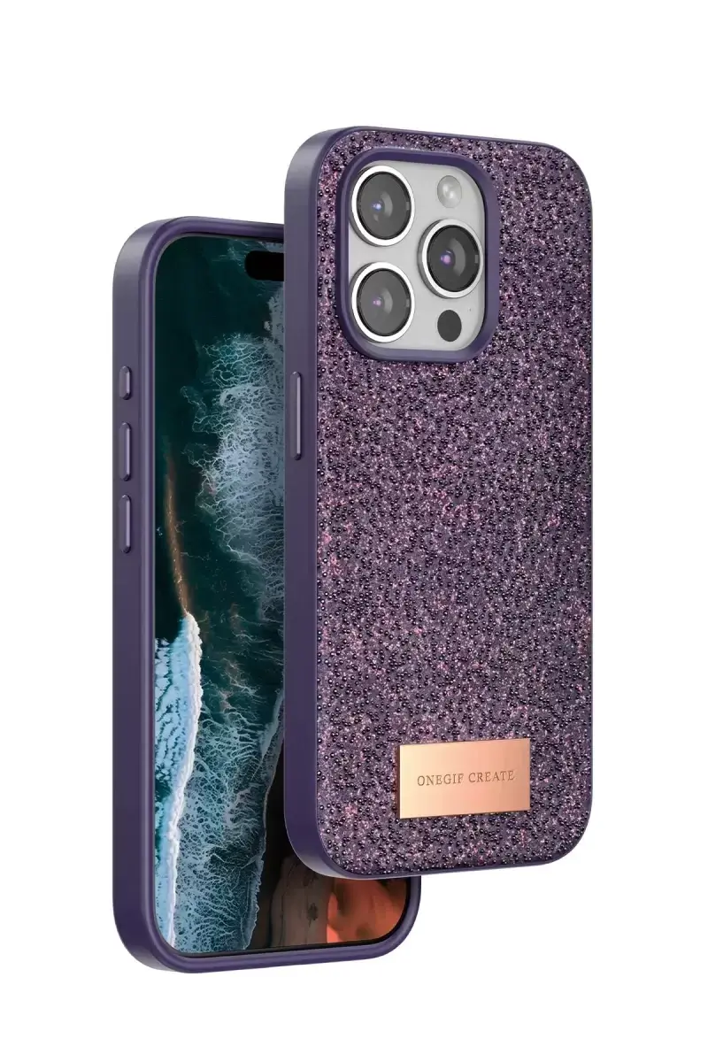 Onegif Apple İphone 14 Pro Max Bright Simli Kapak - Derin Mor