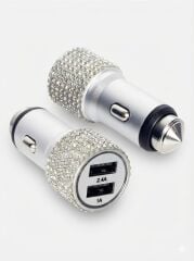 Kristal Taşlı Metal Araç Çakmaklık Şarj Aleti Çift USB-A Girişli Hızlı Şarj 2.4A 12-24v Gümüş