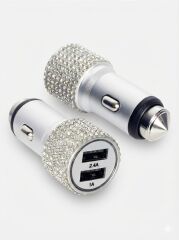 Kristal Taşlı Metal Araç Çakmaklık Şarj Aleti Çift USB-A Girişli Hızlı Şarj 2.4A 12-24v Gümüş