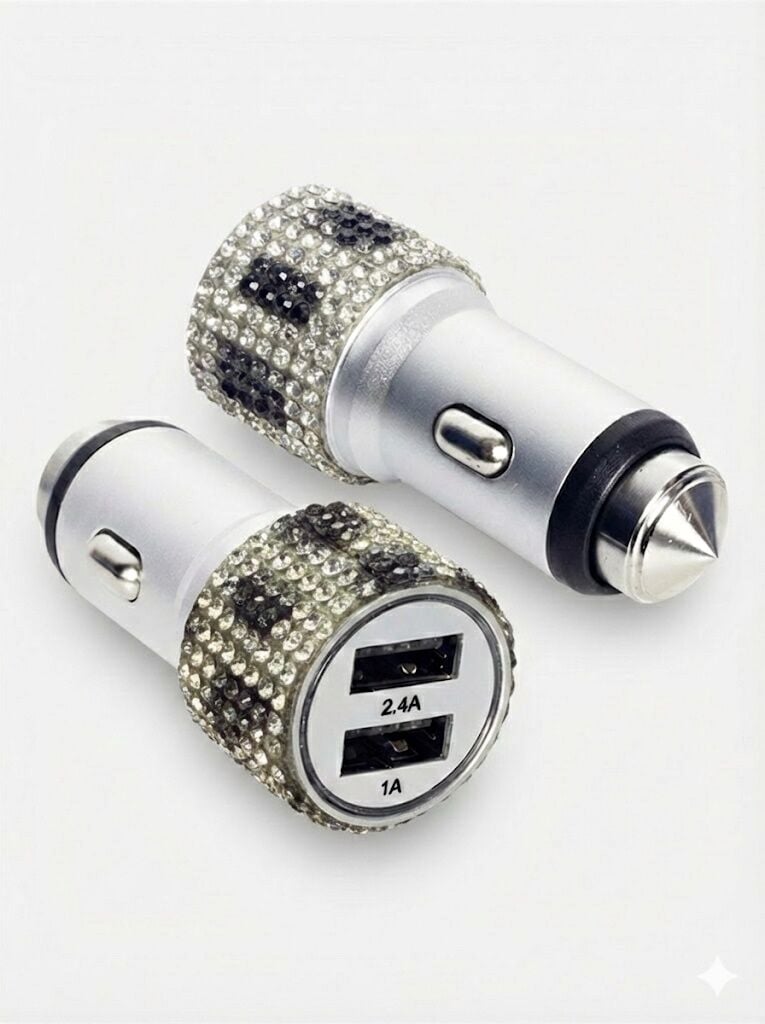 Kristal Taşlı Metal Araç Çakmaklık Şarj Aleti Çift USB-A Girişli Hızlı Şarj 2.4A 12-24v Leopar