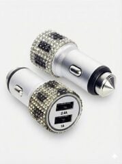 Kristal Taşlı Metal Araç Çakmaklık Şarj Aleti Çift USB-A Girişli Hızlı Şarj 2.4A 12-24v Leopar