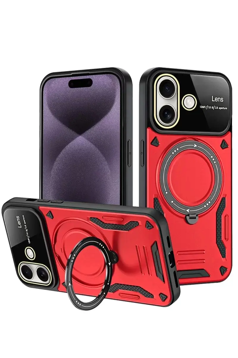 Newface İphone 16 Kılıf Joy Lens Standlı Kapak - Kırmızı