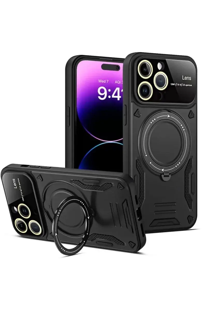 Newface İphone 15 Pro Kılıf Joy Lens Standlı Kapak - Siyah