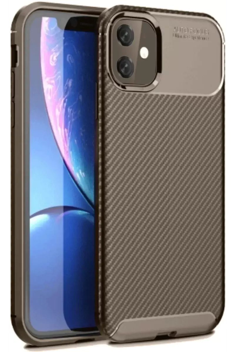 Newface Apple İphone 11 Kılıf Auto Focus Karbon Kapak - Kahverengi