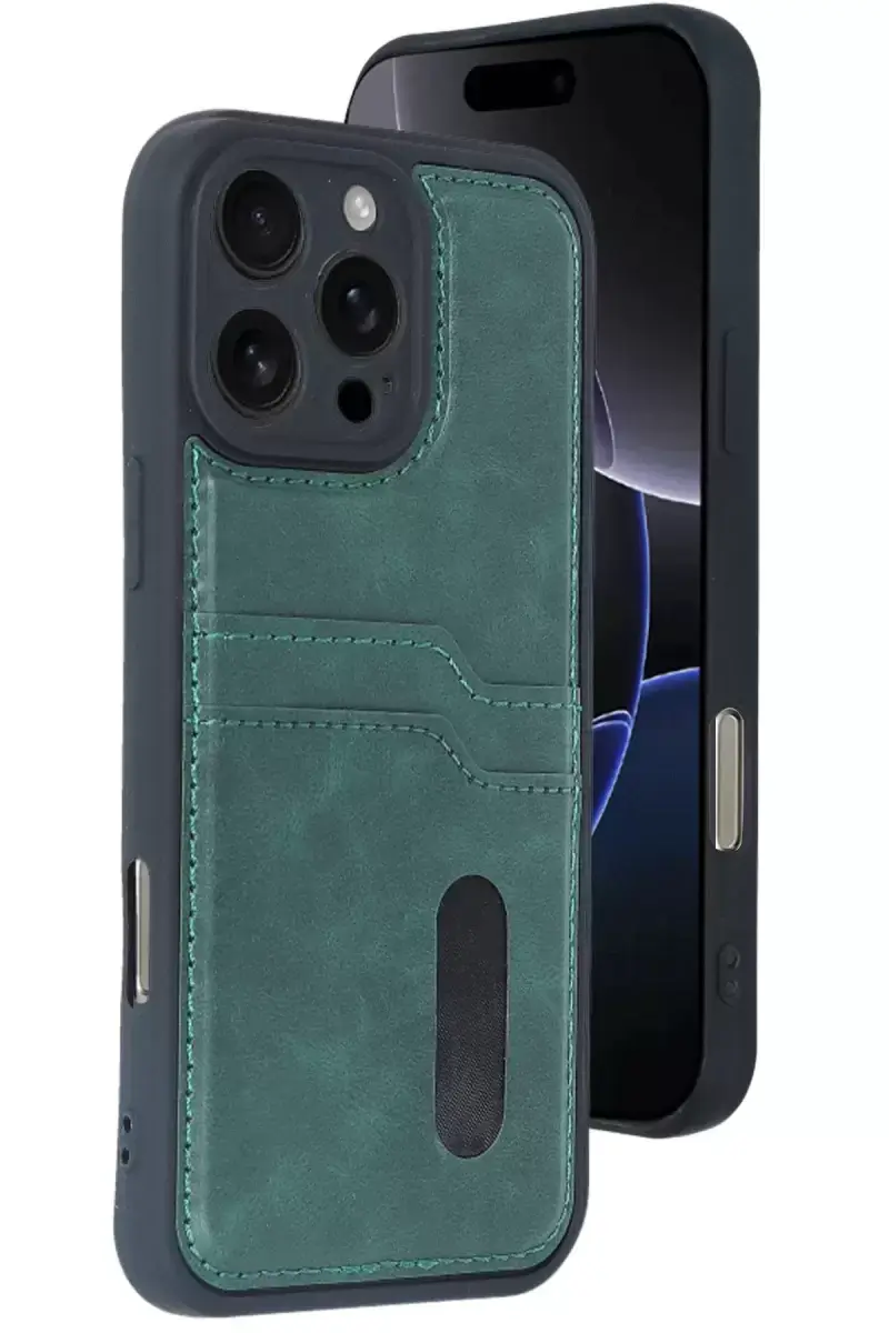 Newface Apple İphone 16 Pro Kılıf Sara Kartvizitli Deri Kılıf - Koyu Yeşil