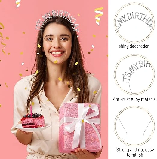 Kristal Taşlı Gümüş Renk İt's My Birthday Yazılı Doğum Günü Parti Tacı 14x16 Cm